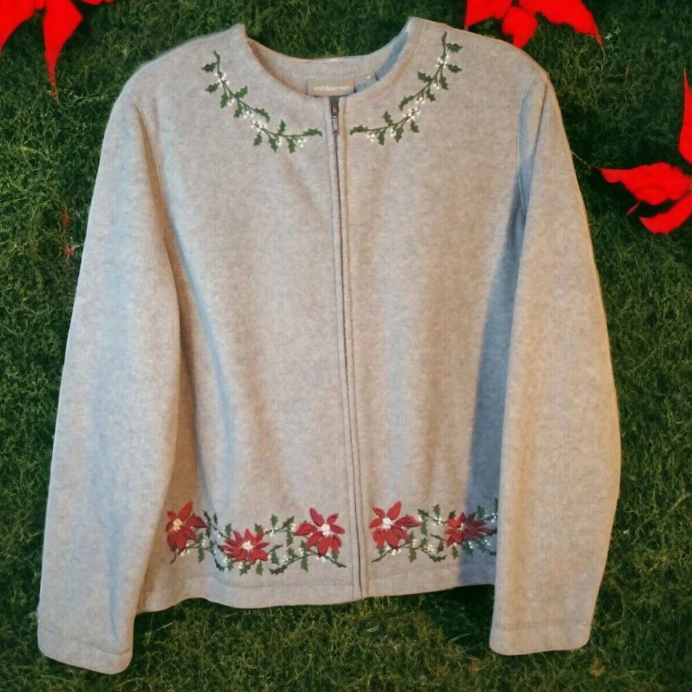 Croft & Barrow Gray Fleece Zip Jacket M Embroidered Poinsettia Winter Holiday